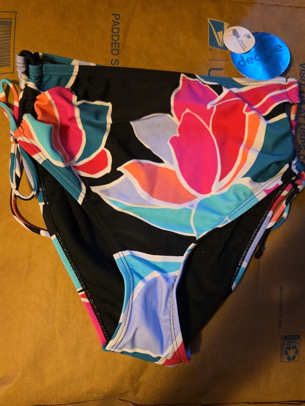 Decree Black Floral High-Waist Bikini Bottoms — Pink, Coral, Teal